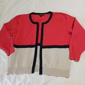 Top Knits XL Cotton-Blend Color-Block Cardigan Coral/Navy/Cream Lightweight